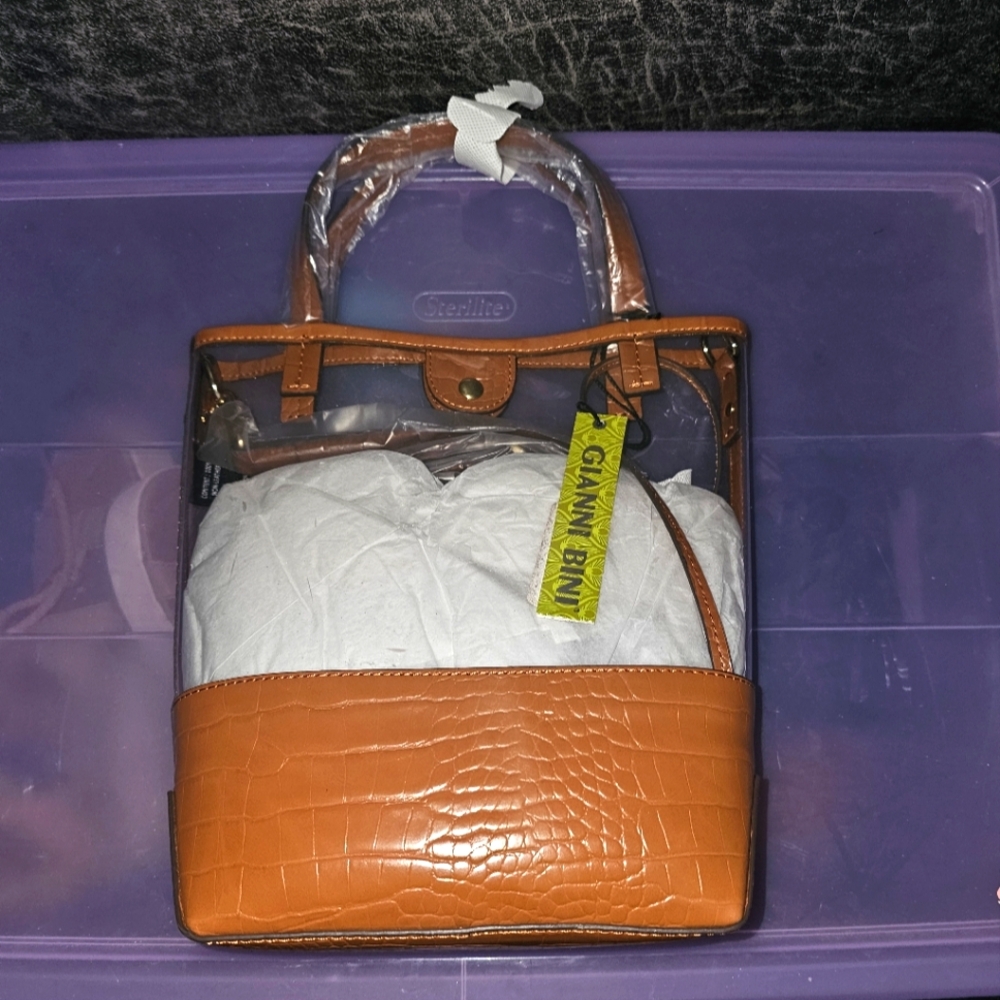 Tan And Clear Croc-Embossed Women's Bag